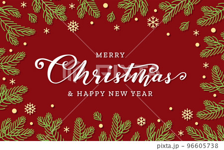 Merry Christmas Happy New Year greeting card. Xmas red background with hand lettering, border of christmas tree green branches, gold snowflakes confetti. Winter holiday banner, poster, postcard flyer 96605738