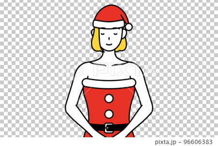 A woman in a Santa Claus costume bowing with her hands folded in front of her body 96606383