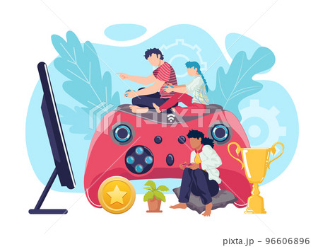Video game entertainment with joystick, vector illustration. Boy girl child gamer at flat home play with console, controller. 96606896
