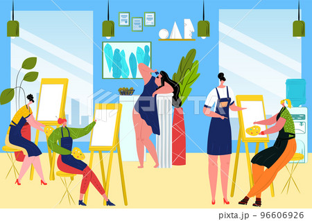 Group students paint picture woman in art class, vector illustration. Indoors young artists with easel, brush, palette trained in fine arts. Group students paint picture woman in art class, vector illustration. Indoors young artists with easel, brush, palette trained in fine arts. 96606926