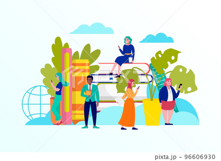 Online electronic library concept, vector illustration. Digital knowledge in internet, flat world education by book. Man woman character read 96606930