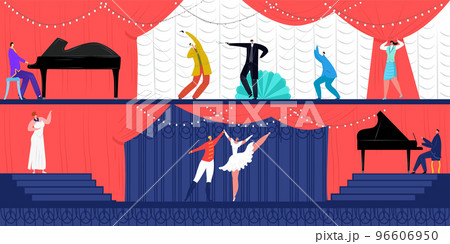 Theater flat performance at show, vector illustration. People artist character in front audience design, music drama scene at opera theater stage. 96606950
