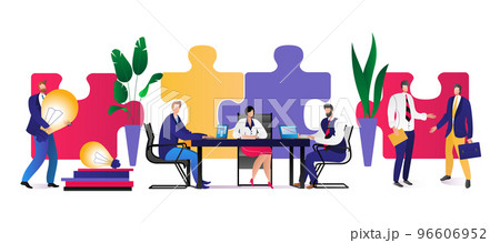 Teamwork business puzzle concept, vector illustration. People work for cooperation partnership, success strategy idea. Man woman character Teamwork business puzzle concept, vector illustration. People work for cooperation partnership, success strategy idea. Man woman character 96606952