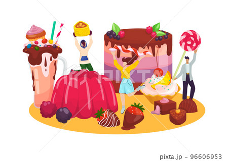 Dessert pastry food with people character, vector illustration. Sweet bakery flat cake concept, cartoon man woman near delicious chocolate product. Dessert pastry food with people character, vector illustration. Sweet bakery flat cake concept, cartoon man woman near delicious chocolate product. 96606953