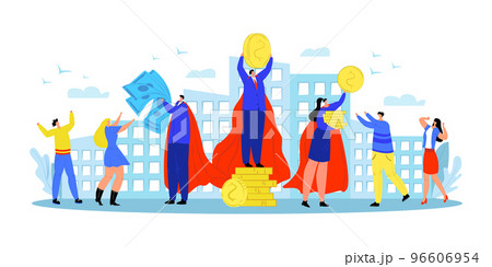 Businessman hero give money, vector illustration. Cartoon business character near superman person, flat design with golden coin. 96606954