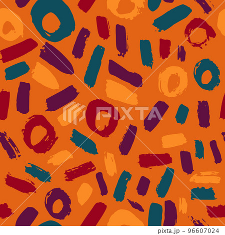 Dry Brush Colorful Strokes and Circles Seamless Pattern. Hand Drawn Artwork Abstract Vector Background 96607024