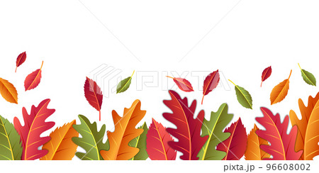 Autumn leaves banner, fall frame isolated on white. Beautiful thanksgiving festive, sale header or border, yellow and orange foliage. Season horizontal poster. Vector design garish nature background 96608002
