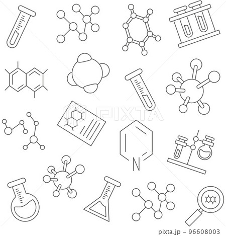Science pattern, bio lab line icons isolated on white background. Learn chemistry symbols, chemical gene, medicine backdrop, biotechnology symbols. Laboratory research. Vector seamless texture 96608003
