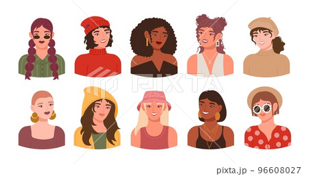 Female woman portrait, girl avatars collection. Feminism fashion, hipster glasses and hairstyles, multi ethnic creative characters, european and african people. Vector cartoon illustration 96608027