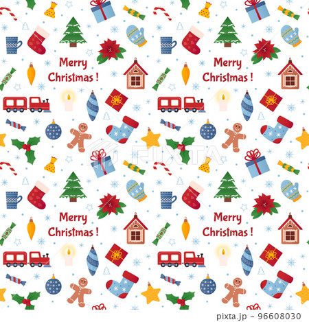 Winter toy pattern, vintage paper. Snow tree gift seamless background, happy invitation card backdrop ornament, holiday celebration. Festive red train and gingerbread. Vector design utter illustration Winter toy pattern, vintage paper. Snow tree gift seamless background, happy invitation card backdrop ornament, holiday celebration. Festive red train and gingerbread. Vector design utter illustration 96608030