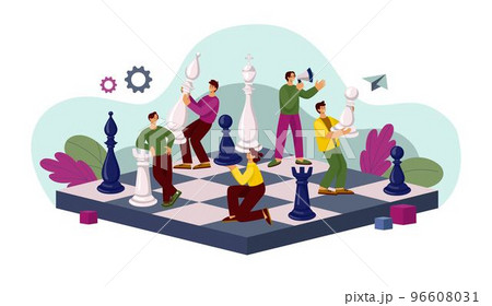 Chess piece company. Competition board. Tactic game management. Play strategy. Partnership idea. People on chessboard with bishop and pawn figures. Teamwork organization. Vector design tidy concept Chess piece company. Competition board. Tactic game management. Play strategy. Partnership idea. People on chessboard with bishop and pawn figures. Teamwork organization. Vector design tidy concept 96608031