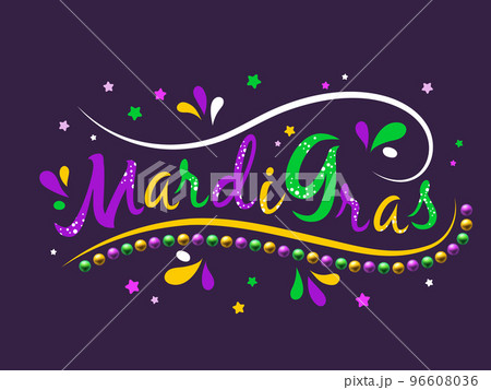Mardi Gras beads. Word logo. New Orleans Mardigras party. Holiday parade. Confetti and necklace balls. Festival invitation. Carnival masquerade. Calligraphic font. Vector banner design Mardi Gras beads. Word logo. New Orleans Mardigras party. Holiday parade. Confetti and necklace balls. Festival invitation. Carnival masquerade. Calligraphic font. Vector banner design 96608036