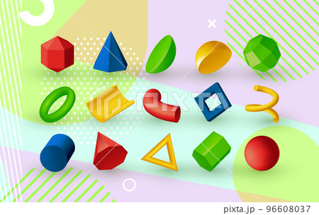 3D geometric shapes. Abstract figure render. Flying color playful icons. Minimalist objects. Volumetric elements. Polygonal forms composition. Colorful geometry background. Vector isolated exact set 3D geometric shapes. Abstract figure render. Flying color playful icons. Minimalist objects. Volumetric elements. Polygonal forms composition. Colorful geometry background. Vector isolated exact set 96608037