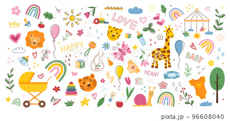 Cute baby toys. Animal doodles. Simple nursery quote. Scandinavian newborn child decoration. Kids bedroom interior. Rainbow and flowers. Carriage and pacifier. Vector illustration utter elements set 96608040