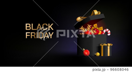 Black Friday Christmas sale. 3D gift box. Open gold present container with festive toys. Xmas holiday card. Happy luxury coupon. Shopping discount banner. Vector promotion background 96608046
