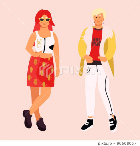 Photographers and cartoon models. Photo studio. Fashionable female outfits. Standing women in trendy clothing. Stylish girls set. Posing person. Trendy apparel. Vector illustration 96608057