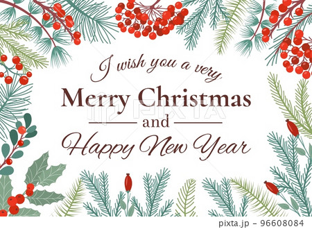 Holly christmas, winter plant mistletoe frame. Happy new year card with green branch and garland, forest berry and coniferous tree, decorative flat style poster template. Vector illustration 96608084