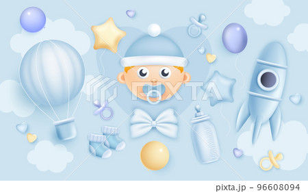 Baby shower. 3D boy birthday background. Baby birth party. Blue invitation design with rocket and air balloon. Newborn toddler face. Kids toys and bottle. Vector realistic cute banner 96608094