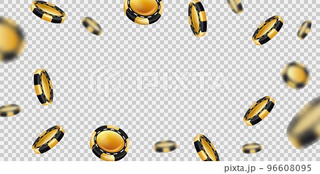 Gold casino chip, poker bet. Falling tokens for blackjack game, golden and black gambling cash flying. Realistic unfocused blur elements. Web banner frame. Vector isolated background 96608095