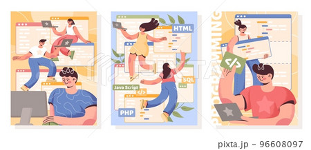 Software engineer. Computer programming. Business technology application. Coders and programmers job. Coding program script. People work with laptops. Vector illustration covers set 96608097