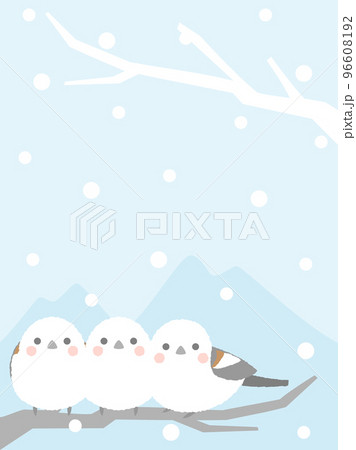 シマエナガと雪の冬のイラスト　縦書きバージョン 96608192