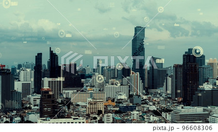 Business data analytic interface fly over smart city showing alteration future 96608306
