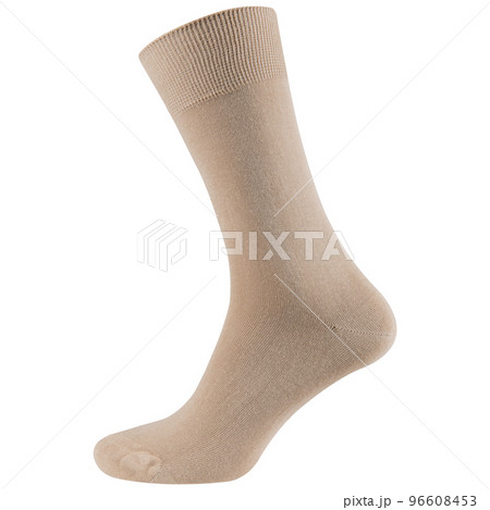 Beige long voluminous sock with a wide elastic band, on a white background Beige long voluminous sock with a wide elastic band, on a white background 96608453