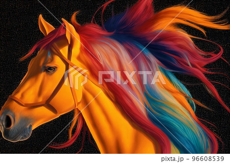 Spectacular modern abstract art of a rainbow horse. Digital art 3D illustration. 96608539