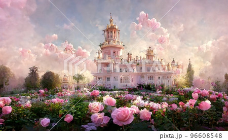 Spectacular fantasy palace with garden of flower. Digital art 3D illustration. Spectacular fantasy palace with garden of flower. Digital art 3D illustration. 96608548