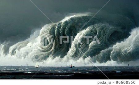 Spectacular digital art 3D illustration stormy seascape with massive tidal wave Spectacular digital art 3D illustration stormy seascape with massive tidal wave 96608550