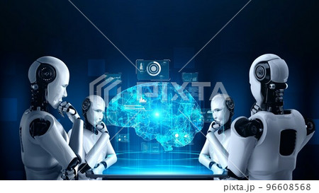 Thinking AI hominoid robot analyzing hologram screen showing concept of AI 96608568