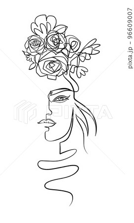 Woman with Flowers One Line Drawing. Continuous Line drawing of beauitiful female with a wreath of flowers on her head Woman with Flowers One Line Drawing. Continuous Line drawing of beauitiful female with a wreath of flowers on her head 96609007