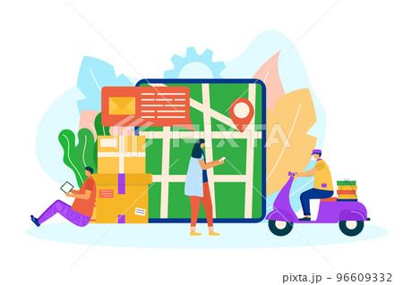 Delivery order online service, vector illustration. Package fast transportation by courier character at transport. Business delivery mobile app 96609332