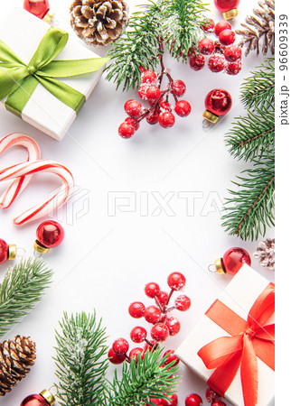 Christmas background with fir tree and decor. Top view with copy space Christmas background with fir tree and decor. Top view with copy space 96609339