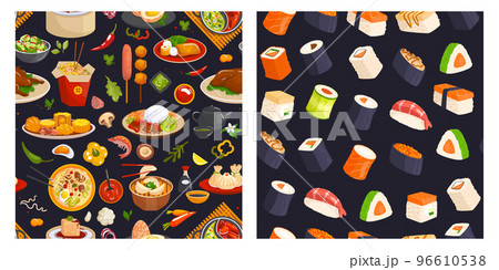 Traditional Japanese sushi food banner set, vector illustration. Asian healthy meal product pattern on black background. Oriental eat 96610538