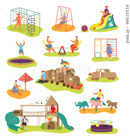Playground with kids elements collection, vector illustration. Outdoor entertainment for children charcater. Boy girl person ride swing 96610539