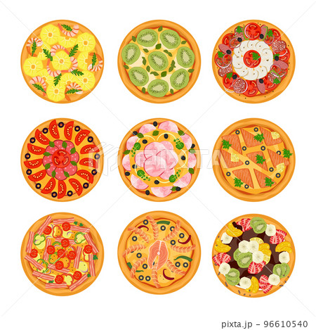Delicious pizza collection with vegetables, sausage and mozzarella vector illustration. Hot fresh dinner menu from restaurant, label set. 96610540