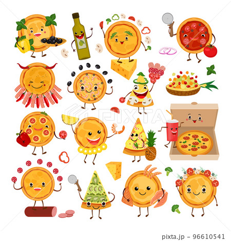Pizza characters funny elements for pizzeria set, vector illustration. Delicious dinner with tasty pepperoni snack in box. 96610541