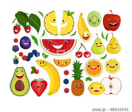 Cartoon smiling fruit berries collection, vector illustration. Cleansing body with natural organic product concept, fresh vegan food. 96610542