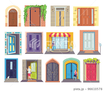 Cartoon designs entrance doors set, vector illustration. Stylish wooden doors in city apartment. Entrance from street, luxurious entrance with porch 96610578