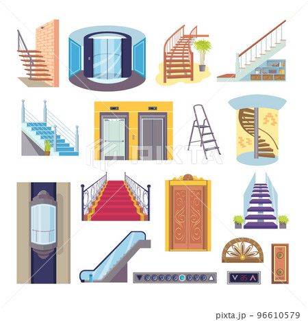 Flat elevator stairs collection, vector illustration. Cartoon step stairs and interior door set. Transport lift inside house, glass and steel elevator 96610579