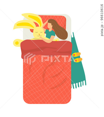 Young girl woman sleeping together big toy rabbit bunny soft mattress bed dreams vector illustration, isolated on white. Cramped relaxing couch, character resting 96610616