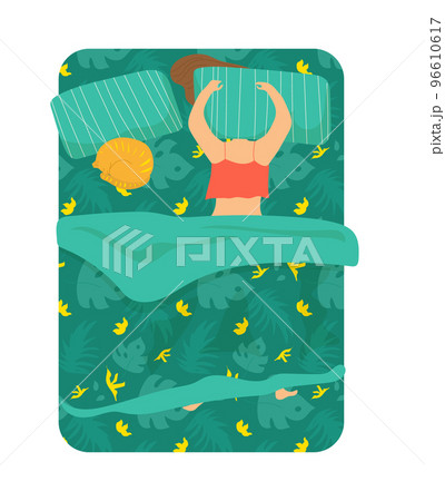 Young girl woman sleeping together cat toy bunny soft mattress bed dreams vector illustration, isolated on white. Cramped relaxing couch, character resting Young girl woman sleeping together cat toy bunny soft mattress bed dreams vector illustration, isolated on white. Cramped relaxing couch, character resting 96610617