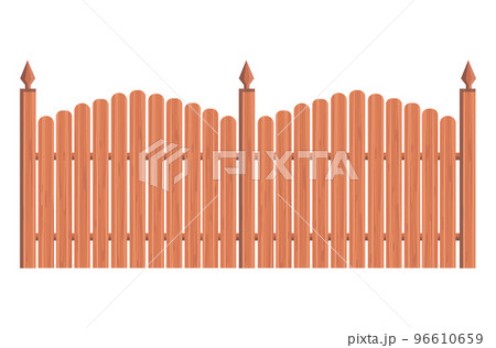 Wooden protect gates with metal plating, protective timber entrance gateway fence flat vector illustration, isolated on white. Wooden protect gates with metal plating, protective timber entrance gateway fence flat vector illustration, isolated on white. 96610659