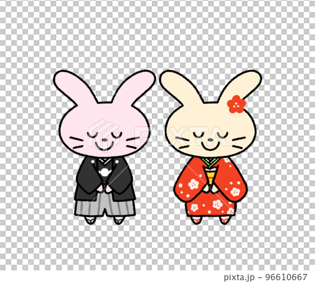 Two rabbits wearing Japanese clothes and greeting the New Year Two rabbits wearing Japanese clothes and greeting the New Year 96610667