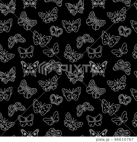Butterflies doodle pattern. Seamless background with outline flying insects. Black and white print. Vector repeat illustration for designs, textile, fabric, wrapping paper Butterflies doodle pattern. Seamless background with outline flying insects. Black and white print. Vector repeat illustration for designs, textile, fabric, wrapping paper 96610767