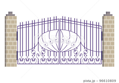 Metall protect gates with metal plating, protective timber entrance gateway fence flat vector illustration, isolated on white. Metall protect gates with metal plating, protective timber entrance gateway fence flat vector illustration, isolated on white. 96610809