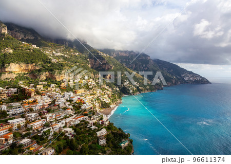 Touristic Town, Positano, on Rocky Cliffs and Mountain Landscape by the Sea. Amalfi Coast, Italy 96611374