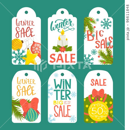 Winter sale tag, christmas holiday label set, vector illustration. New year and xmas season design at cartoon shopping paper card. Winter sale tag, christmas holiday label set, vector illustration. New year and xmas season design at cartoon shopping paper card. 96611848