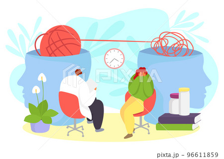 Psychologist work with patient head, mind concept, vector illustration. Woman person character with psychology problem at doctor appointment. 96611859